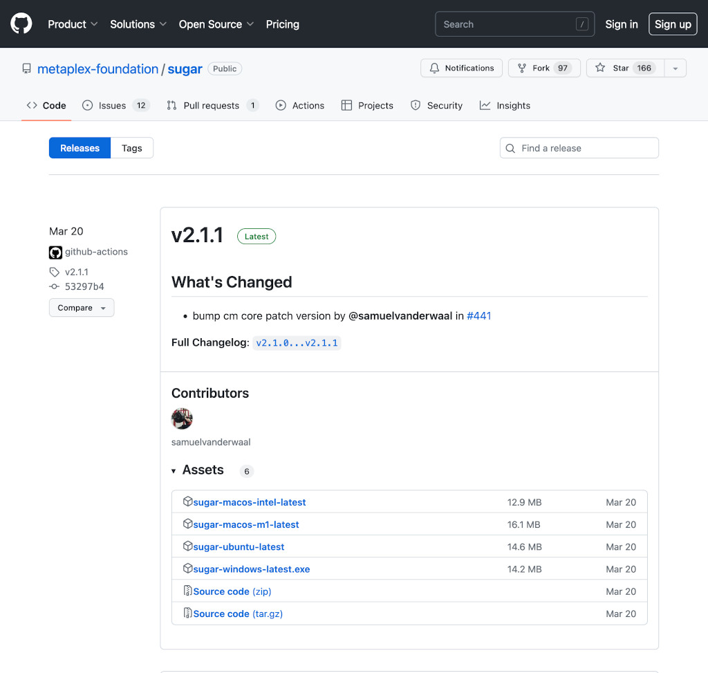 Screenshot of github sugar releases