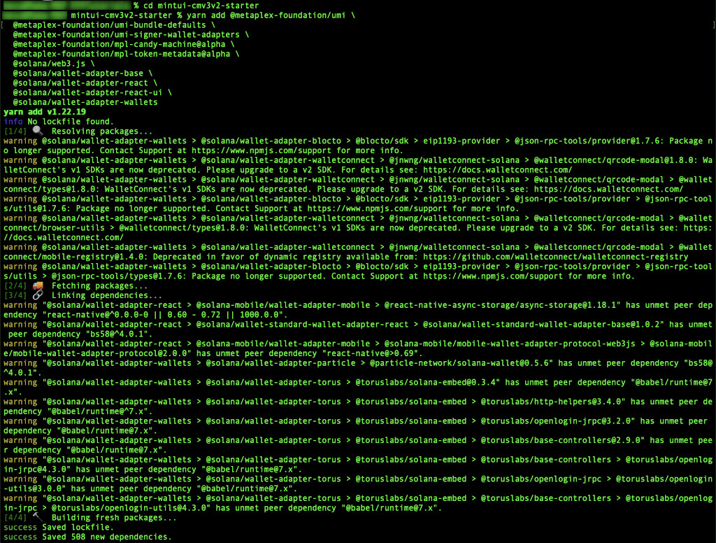Screenshot of terminal change directory and add dependences, output is truncated